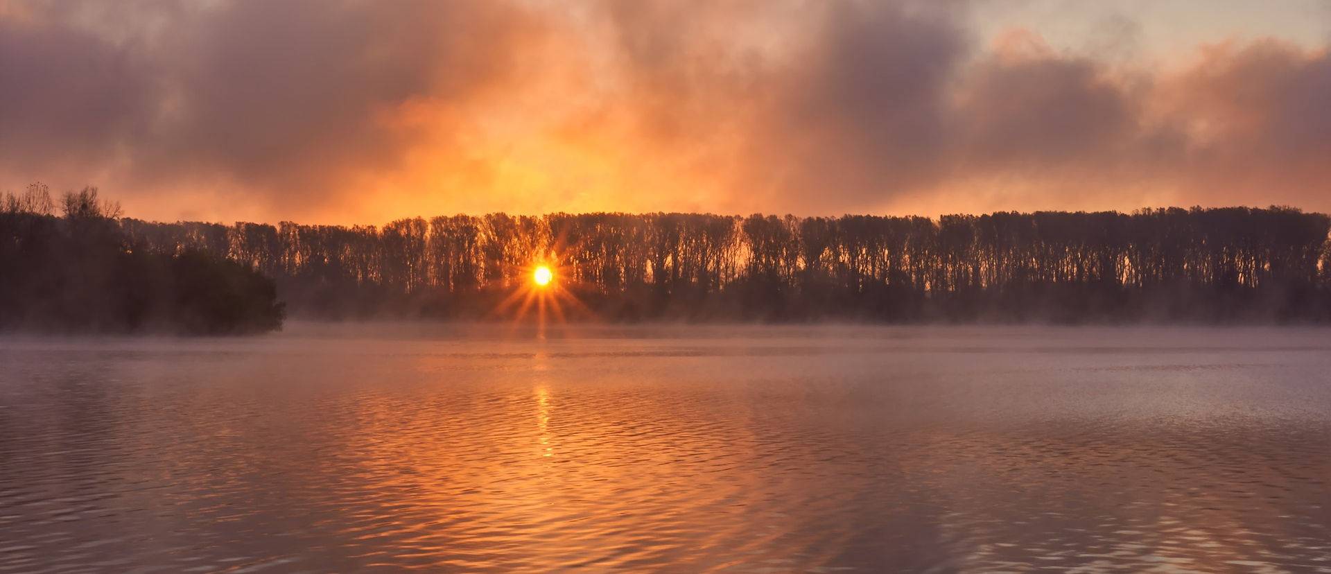 Sonnenaufgang über dem Fluss bei leichtem Nebel zwischen Bäumen